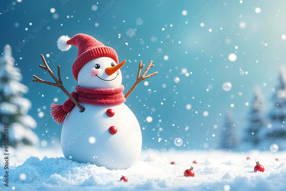 Snowy scene with a smiling, red-scarfed snowman standing on the left side of the frame. The snowman has orange carrot nose, as well as two brown sticks for arms. Snowy scene with a smiling, red-scarfed snowman standing on the left side of the frame. The snowman has orange carrot nose, as well as two brown sticks for arms.