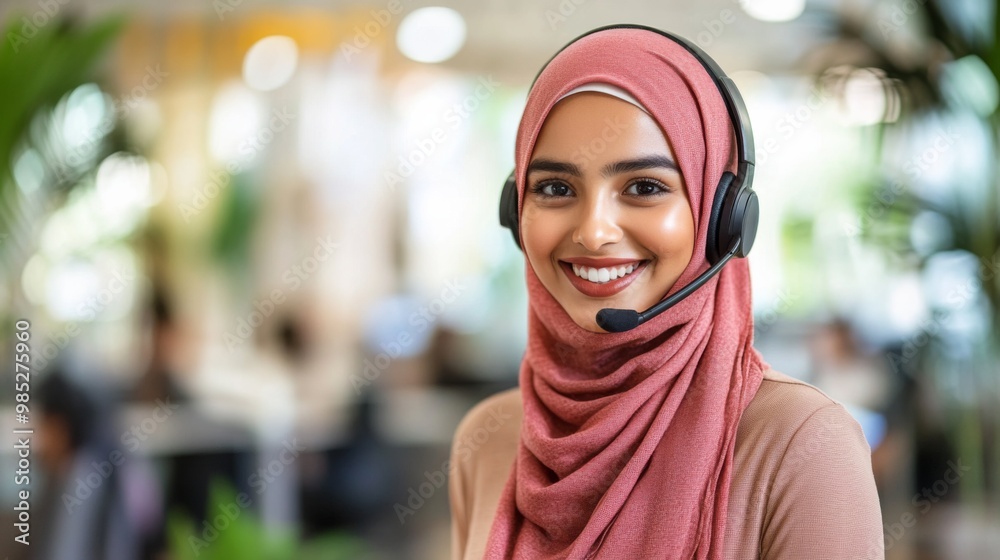 bright and smiling young hijab woman in call center bright and smiling young hijab woman in call center