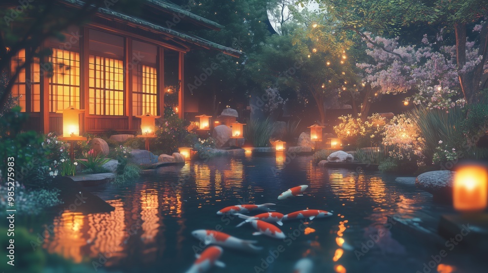 Serene Garden with Koi Pond at Night Serene Garden with Koi Pond at Night