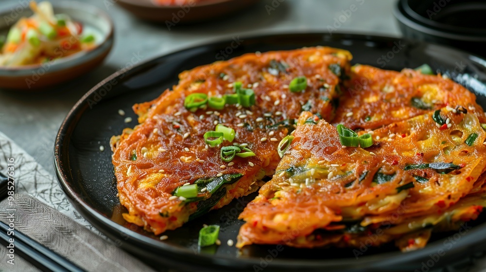 Pan-Fried Korean Kimchi Pancakes (Kimchi Jeon): Front Perspective View Pan-Fried Korean Kimchi Pancakes (Kimchi Jeon): Front Perspective View