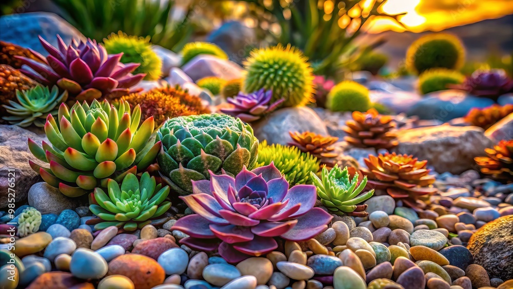 A peaceful rock garden adorned with succulents and pebbles fosters a serene Zen environment, inviting tranquility and A peaceful rock garden adorned with succulents and pebbles fosters a serene Zen environment, inviting tranquility and