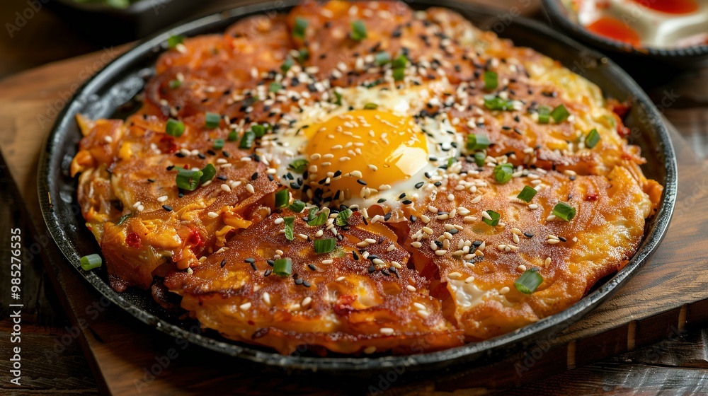 Pan-Fried Korean Kimchi Pancakes (Kimchi Jeon): Front Perspective View Pan-Fried Korean Kimchi Pancakes (Kimchi Jeon): Front Perspective View