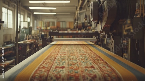 A textile factory interior showcasing a patterned fabric being processed on machinery.