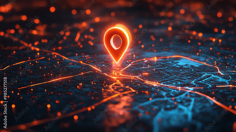 A glowing red location pin sits on a futuristic city map, illuminated by orange lines. A glowing red location pin sits on a futuristic city map, illuminated by orange lines.