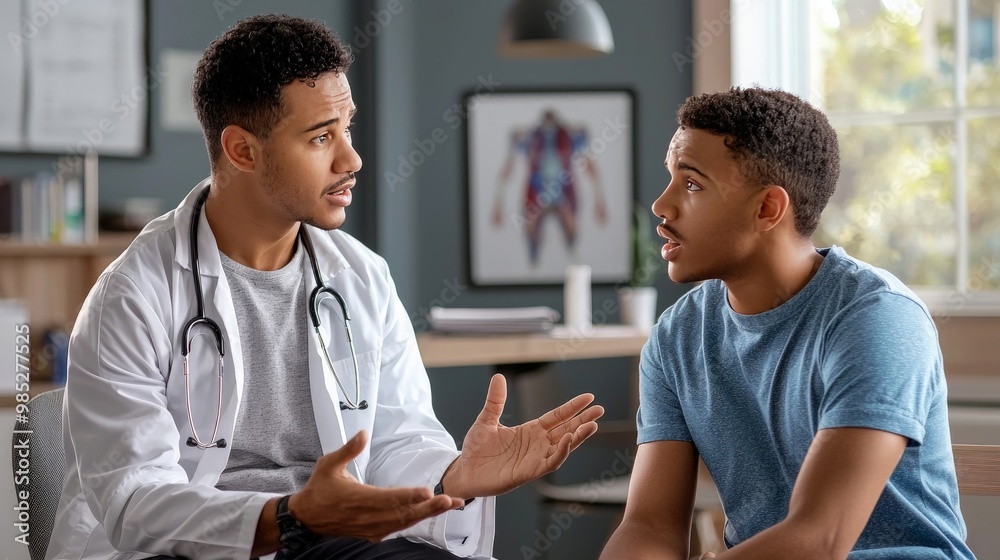 Obraz premium A doctor consulting with a patient in a specialized clinic, focusing on the treatment of a rare disease, illustrating personalized healthcare