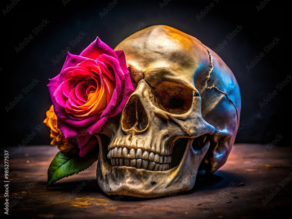 Artistic representation of a skull entwined with a vibrant rose, symbolizing life and death's contrast Artistic representation of a skull entwined with a vibrant rose, symbolizing life and death's contrast