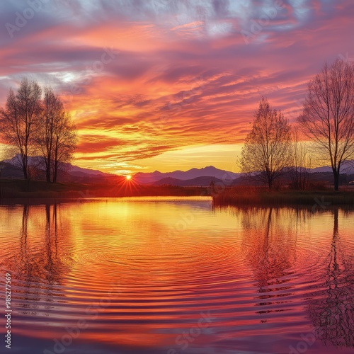 Sunset Reflections Over Serene Lake