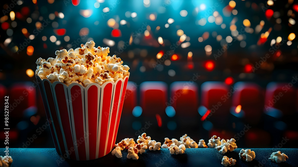 Popcorn in a Red and White Striped Bucket in a Movie Theater Popcorn in a Red and White Striped Bucket in a Movie Theater