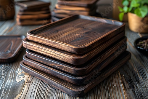 Wooden trays on table, natural servingware. photo