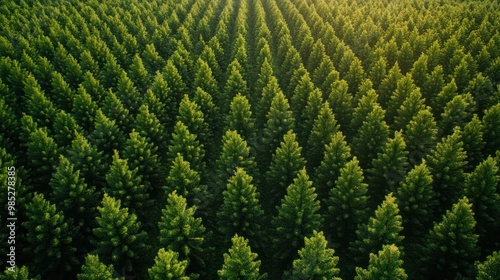 Aerial view of a dense forest with rows of evergreen trees.