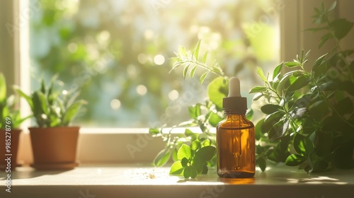 Homeopathic Drops on a Windowsill with Green Plants