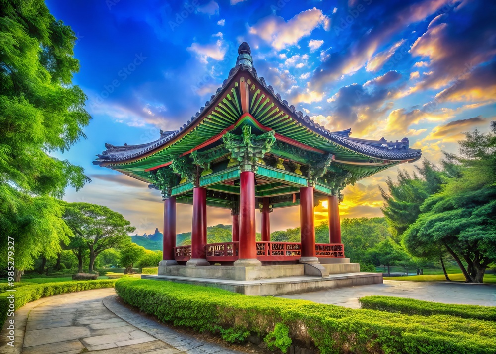 Fototapeta premium A tranquil Korean Friendship Bell rests amidst vibrant greenery, creating a picturesque setting in a scenic park that