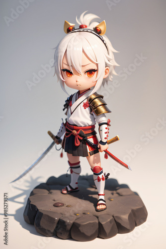 Chibi Samurai Holding a Katana Full-Body Illustration anime style