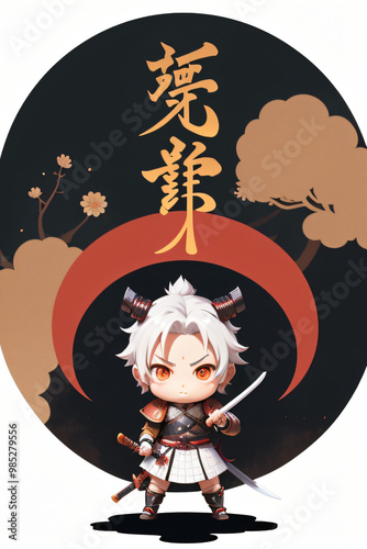 Chibi Samurai Holding a Katana Full-Body Illustration anime style