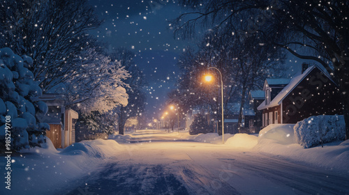 A peaceful snowy night scene with streetlights illuminating a snow-covered road in a quiet neighborhood. -