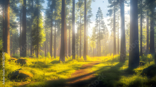 Sunlight Through Forest Trees 3D Illustration