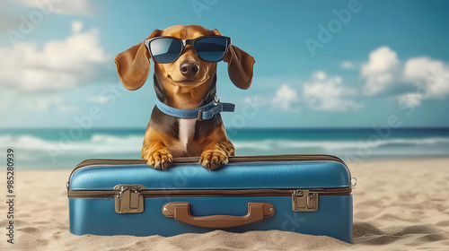Dog on Beach Luggage  Illus...