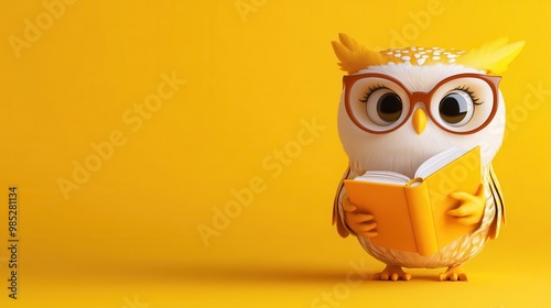 An adorable owl wearing glasses reading a book, set against a bright yellow background, symbolizes knowledge and wisdom. photo