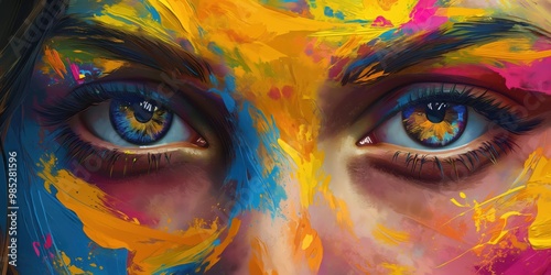 Close-up of woman eyes in vibrant, colorful paints. AI-generated illustration of beautiful female portrait with abstract, surreal expression. Make-up and details create illusion of magic and wonder.