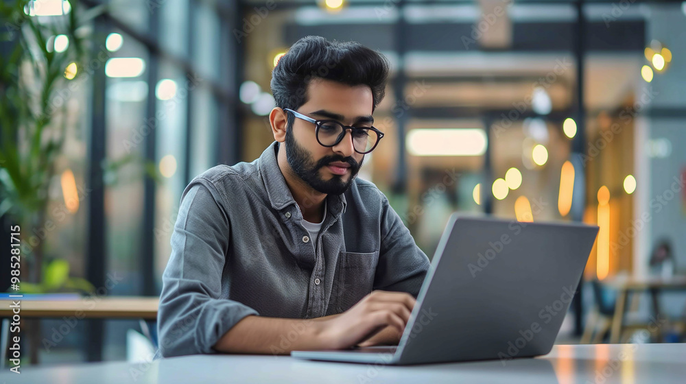 an Indian software engineer working on laptop in modern office, portrait of a man working on laptop an Indian software engineer working on laptop in modern office, portrait of a man working on laptop