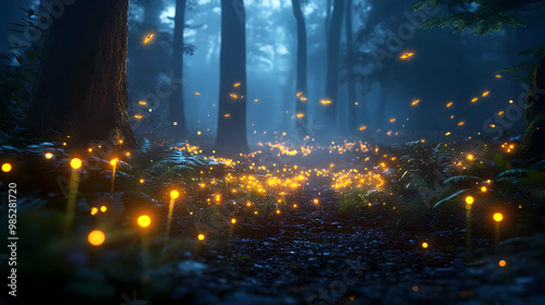 Enchanted Forest with Fireflies - 3D Illustration