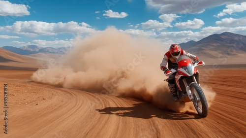 A motorcyclist speeds through a dusty desert landscape, kicking up a cloud of sand.