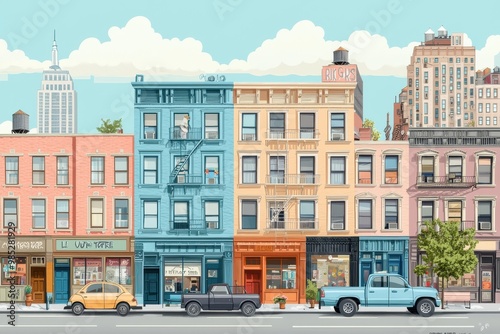 Colorful buildings and storefronts in vibrant urban city street scene