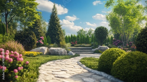 A serene garden pathway surrounded by lush greenery and vibrant flowers.