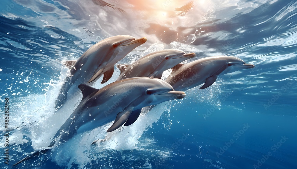 Obraz premium Dolphins swimming and playing in ocean.