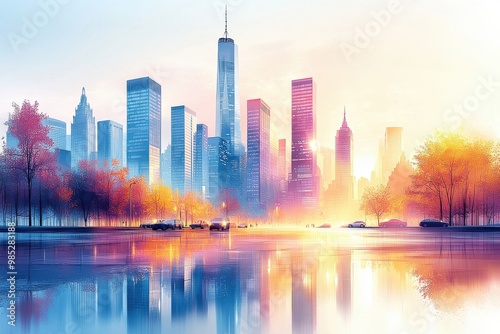 Colorful cityscape skyline of modern metropolis reflecting in calm waters at sunset