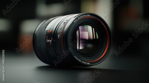 A close-up of a camera lens showcasing its design and optical features. photo