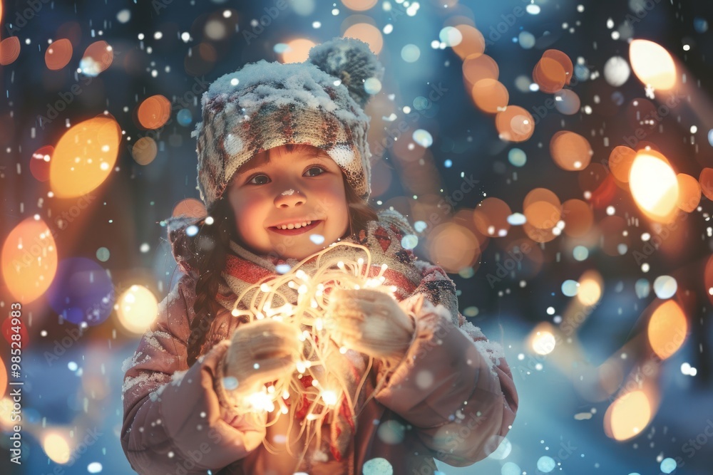 Little girl with christmas lights enjoying the holidays outdoors in snowfall. Happy cute child girl playing with Christmas festive magic lights. MZ Little girl with christmas lights enjoying the holidays outdoors in snowfall. Happy cute child girl playing with Christmas festive magic lights. MZ