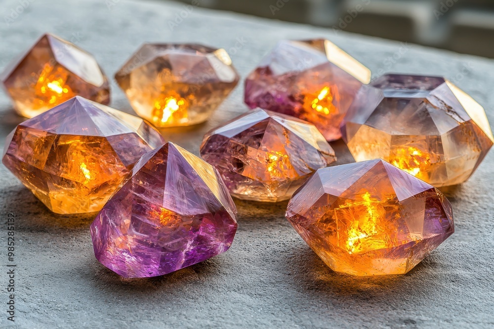 Colorful gemstones sparkling on gray surface. Vibrant quartz crystals in shades of orange, purple, and yellow. Colorful gemstones sparkling on gray surface. Vibrant quartz crystals in shades of orange, purple, and yellow.
