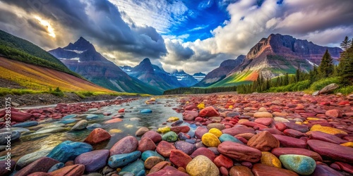 Colorful rainbow rocks contrast beautifully with the breathtaking scenery of Glacier National Park, showcasing nature's