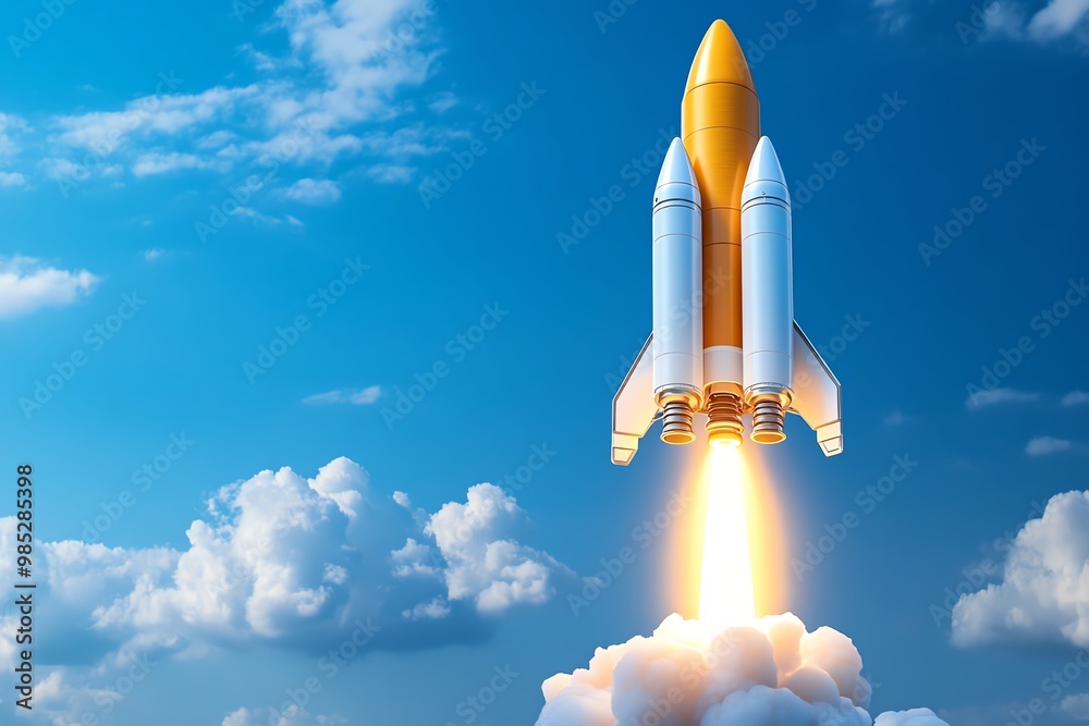 Rocket taking off, symbolizing fast scaling and success for startups in a business accelerator Rocket taking off, symbolizing fast scaling and success for startups in a business accelerator
