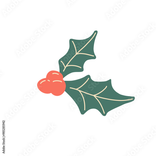 Poinsettia Christmas  festive bright decorative leaves, flowers and branches. Cozy holly berries vector illustration. Elements of New Year and Christmas design.Cozy winter decor for rooms