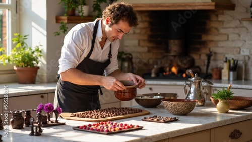 Cozy Sunlit Kitchen with Chef Preparing Chocolate Treats