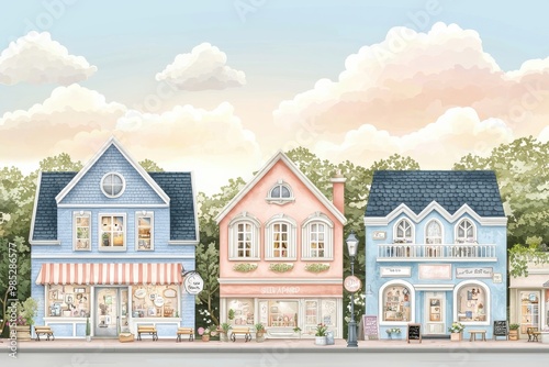 Colorful illustration of a quaint village street with charming houses and shops
