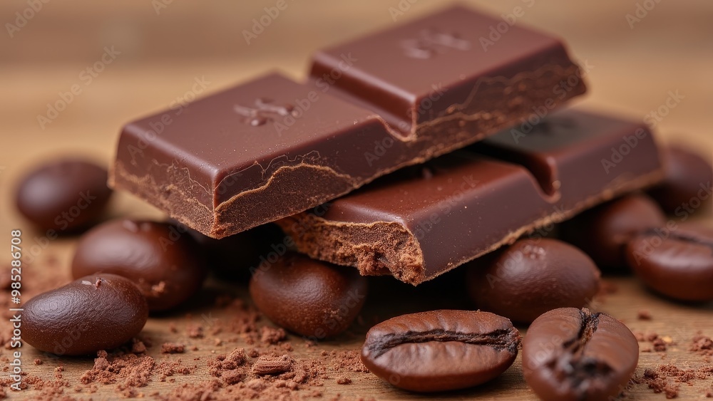 Stacked Chocolate Bars with Coffee Beans and Cocoa Powder on Wooden Background Stacked Chocolate Bars with Coffee Beans and Cocoa Powder on Wooden Background