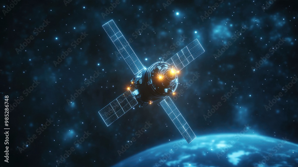 A satellite orbiting Earth, equipped with solar panels and communication instruments. A satellite orbiting Earth, equipped with solar panels and communication instruments.