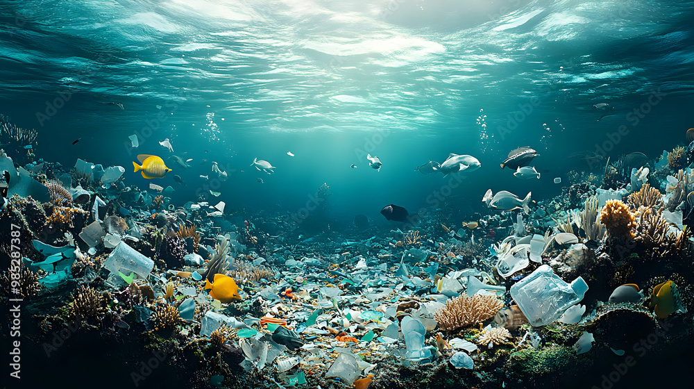 Underwater Pollution with Fish and Coral Reefs Illustration Underwater Pollution with Fish and Coral Reefs Illustration