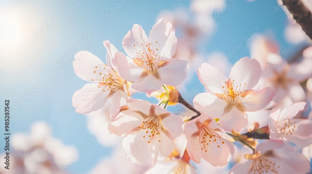 Fototapeta premium A close-up of sakura blossoms in full bloom, with soft pink petals illuminated by sunlight against a clear blue sky.