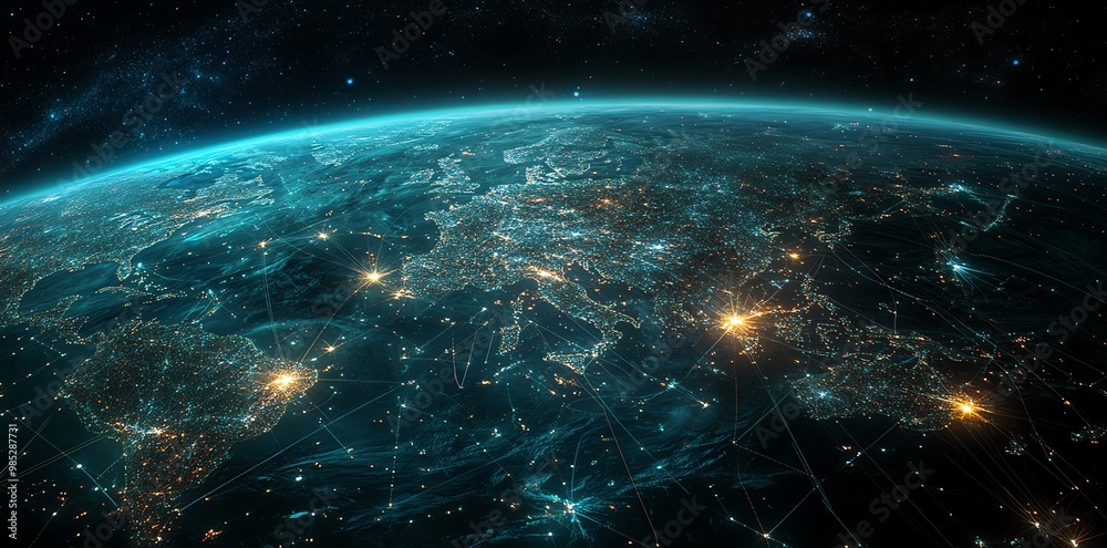 Obraz premium A night view of Earth from space, with glowing lines connecting major cities.