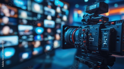 A video camera focused on a wall of screens, indicating a broadcasting or production setup.