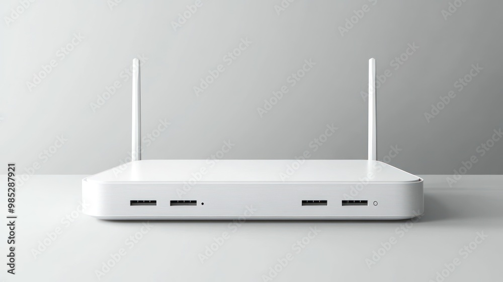A sleek white router with antennas, designed for wireless internet connectivity. A sleek white router with antennas, designed for wireless internet connectivity.