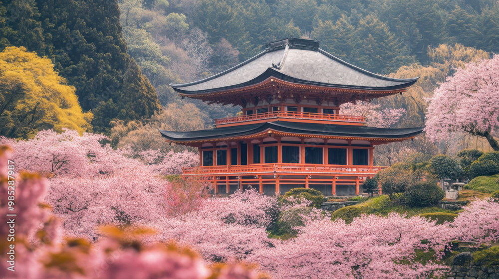 A traditional Japanese temple nestled among sakura trees in full bloom, with pink petals carpeting the ground. A traditional Japanese temple nestled among sakura trees in full bloom, with pink petals carpeting the ground.