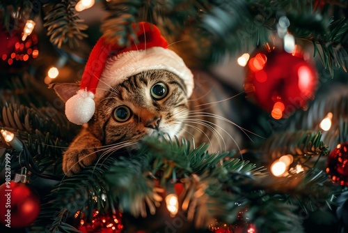 vThe cat in the Santa hat looks out from the branches of a beautifully decorated Christmas tree with red glass balls and garlands of lights. Copy space photo