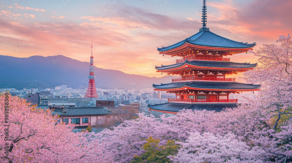 Fototapeta premium A sakura tree in full bloom framed by traditional Japanese architecture, capturing the essence of spring in Japan.