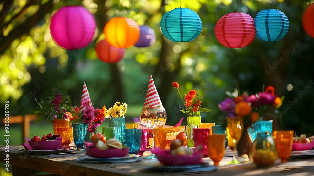Fototapeta premium Colorful Outdoor Party Table Setting with Lanterns - Illustration