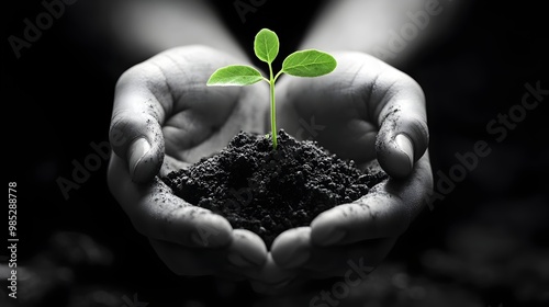 Hands Gently Cupping a Sprouting Plant Symbol of Growth and Nurturing photo